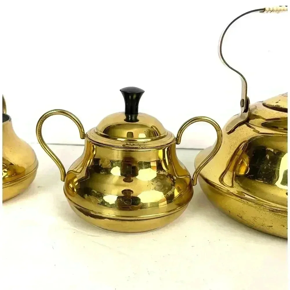 3 PC VTG Brass Pitcher Double‎ Handles Lidded Spout Made in Holland MCM